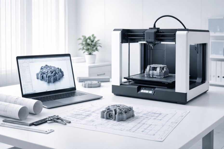 3D-Drucker mit Prototyp und technischem 3D-Modell auf einem modernen Arbeitsplatz