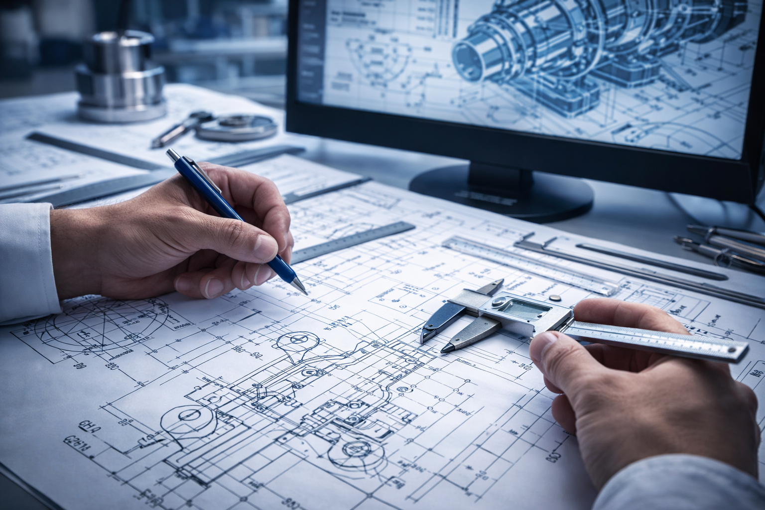 Technische Zeichnungen und CAD-Arbeitsplatz in moderner heller Ingenieur-Umgebung
