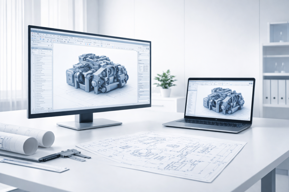 Moderner CAD-Arbeitsplatz mit 3D-Modell auf dem Bildschirm für Produktentwicklung