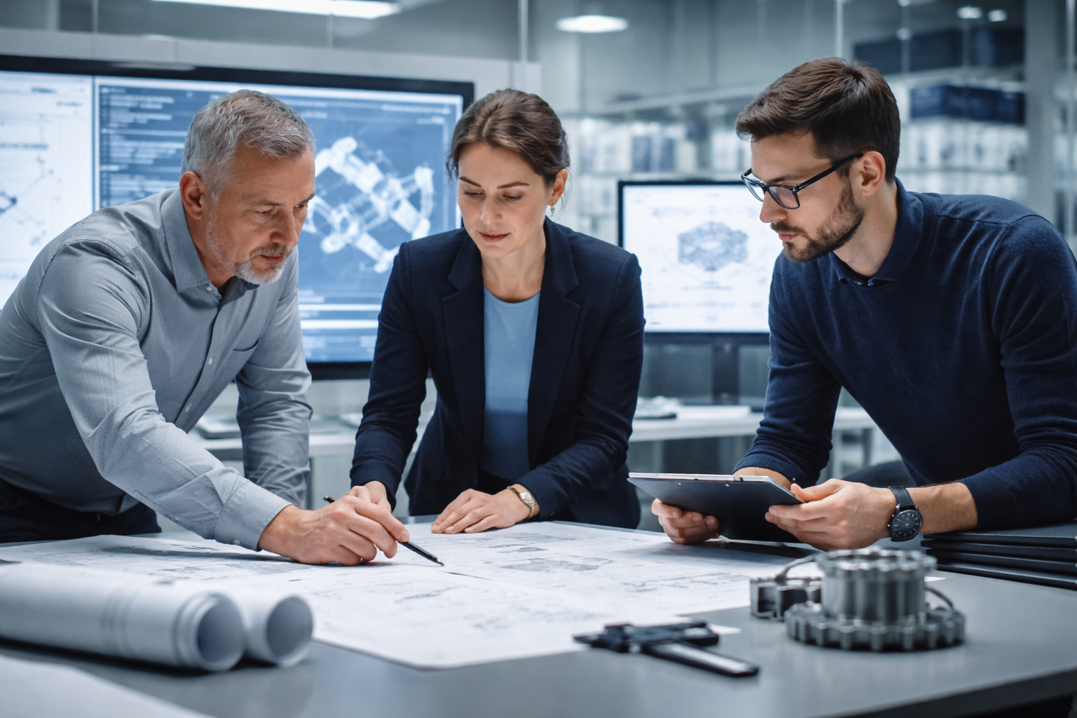 Team in technischer Projektbesprechung mit Zeichnungen und 3D-Modellen in moderner Ingenieur-Umgebung